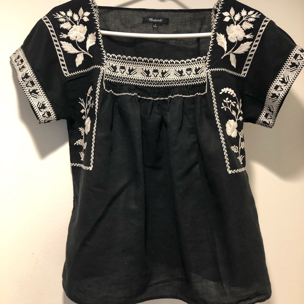 Madewell Black and White Embroidered Blouse